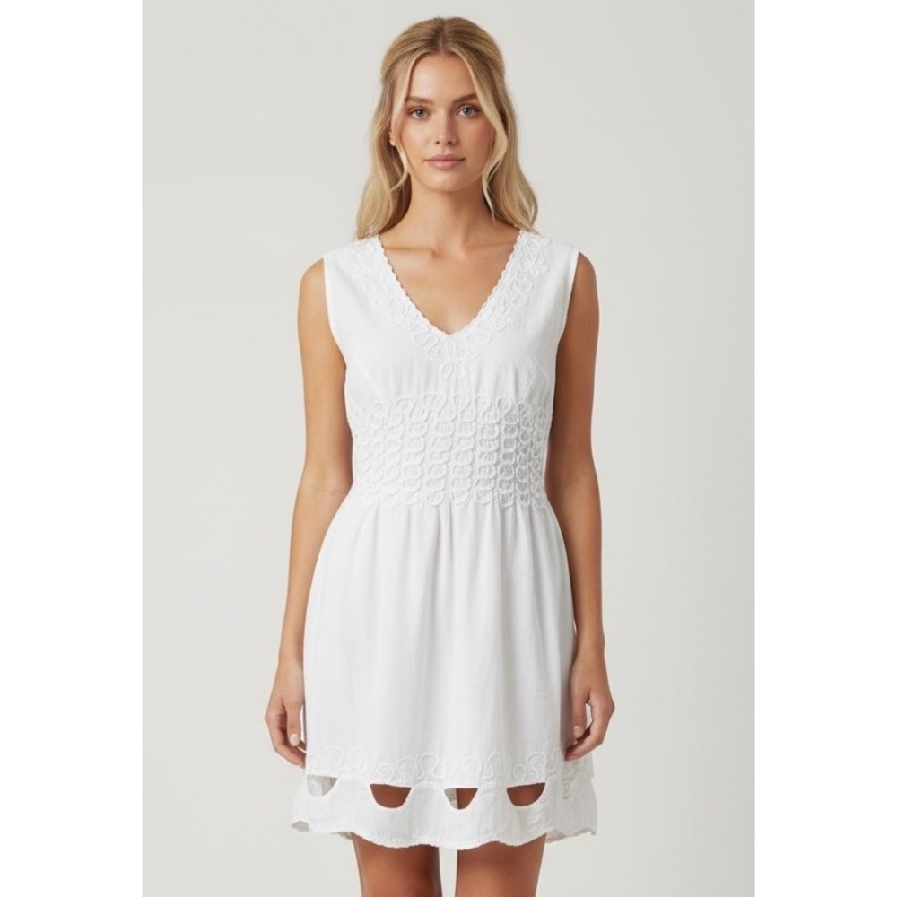 Gretty Zueger White Organic Cotton Embroidered Smocked Waist Dress XL Coastal